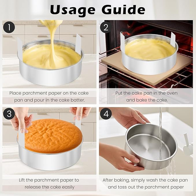 6 Inch Cake Pan - 3PCS Stainless Steel Smash Cake Baking Pans Tins with 100 PCS Parchment Paper, Round Bakeware for Party Birthday Wedding, Mirror Finish & Dishwasher Safe