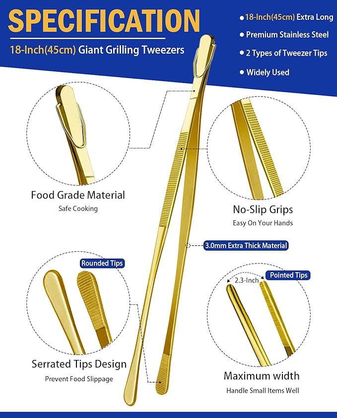 JETKONG 2 Pcs 18 Inch (45cm) Stainless Steel Grill Tongs Heavy Duty Giant Tweezer Tongs, Extra Large Tweezers Tools for Cooking, Grilling, BBQ and Turning Food (Gold)
