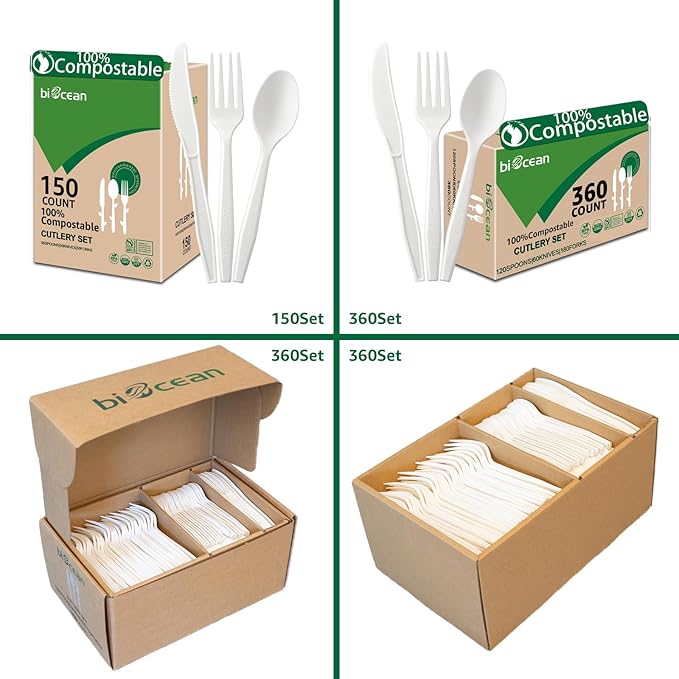 100%Compostable No Plastic Knives Disposable Forks Spoons Plastic Utensils, The Heavyweight Heavy Duty Flatware is Eco Friendly Products for Lounge Party Wedding BBQ Picnic Camping [150 Count]
