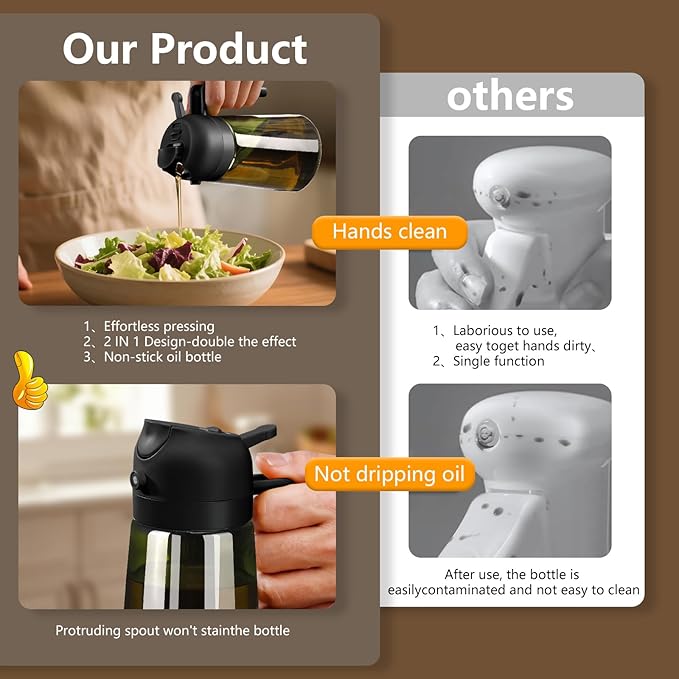 2PCS Olive Oil Dispenser and Oil Sprayer – 16oz/470ml Glass Light-Proof Oil Pourer for Kitchen, Air Fryer, Cooking, Salad, and BBQ