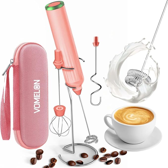 Milk Frother Handheld with 3 Stainless Steel Whisks, Rechargeable Electric Drink Mixer with Stand & Travel Case, Milk Foamer for Coffee, Latte, Cappuccino, Hot Chocolate, Egg,Jam Supplement-Pink