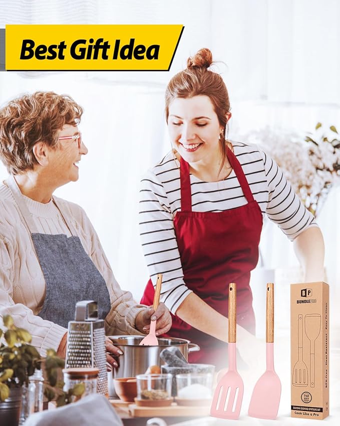 Pack of 2 Silicone Cooking Spatula, Heat Resistant Solid Turner, Non Stick Slotted Spatulas with Wooden Short Handle,Ideal Wood Kitchen Utensils Set for Frying, Baking, Flipping, Turning