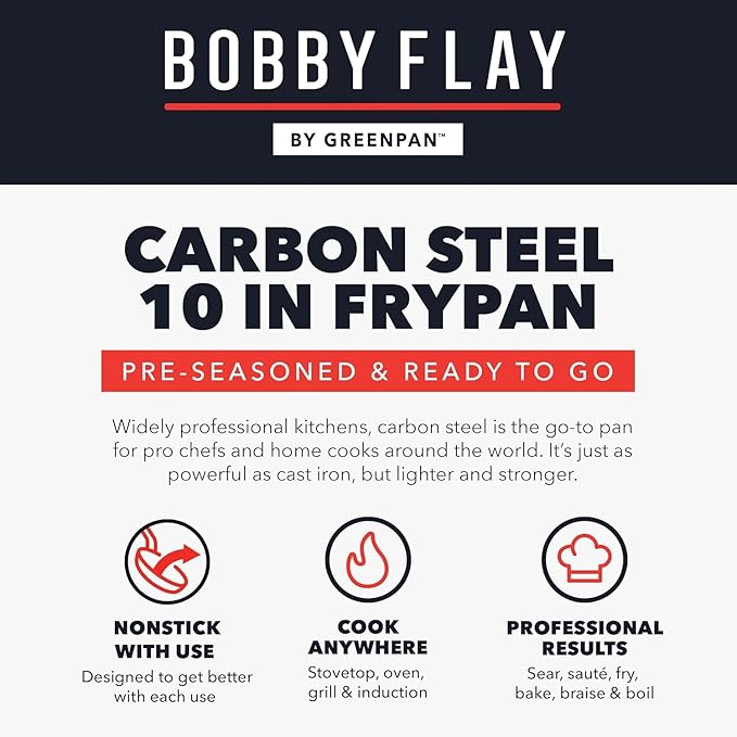 GreenPan x Bobby Flay 10" Carbon Steel Frying Pan Skillet, Pre-Seasoned Ready to Use, Nontoxic, PFAS-Free, Induction Compatible, High Heat & Oven Safe Durable Cookware, Cast Iron Alternative