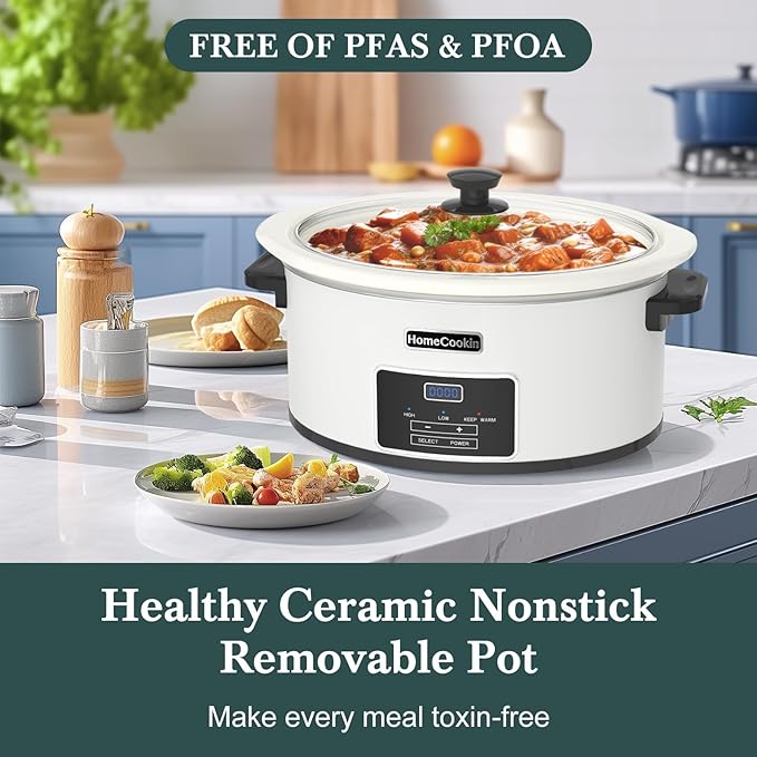 HOMECOOKIN 6-Quart Programmable Slow Cooker with Timer - Small Kitchen Appliance for Family Dinners - Serves 6+ People - Heat Settings: Keep Warm(White)