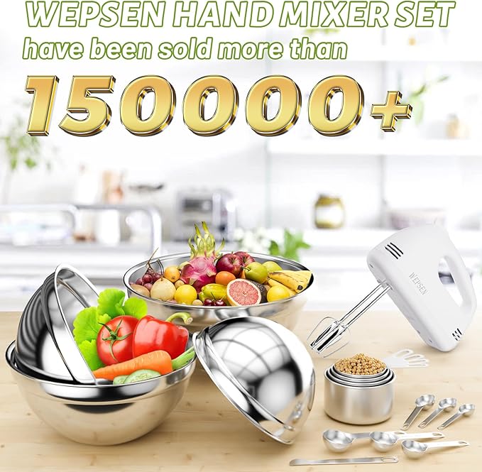 Hand Mixer Electric Mixing Bowls Set, 5 Speeds Handheld Mixer with 4 Nesting Stainless Steel Mixing Bowl, Measuring Cups Spoons 200W Kitchen Blender Whisk Beater Baking Supplies For Beginner