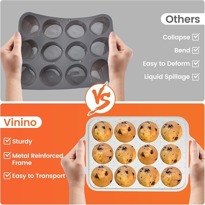 2Pack Silicone Muffin Pan for Baking with Metal Reinforced Frame, 12 Cup Regular Size Cupcake Pan, BPA Free Silicone Muffin Tray, Cupcake Baking Pan Molds for Oven Dishwasher Safe