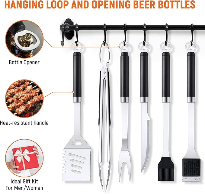 BBQ Accessories Grill Tools Set, Stainless Steel Grill Tools with 2 Squeeze Bottles, BBQ Grill Accessories Grilling Gift for Men & Women, Portable Grill Tools Utensils Kit for Camping, Kitchen