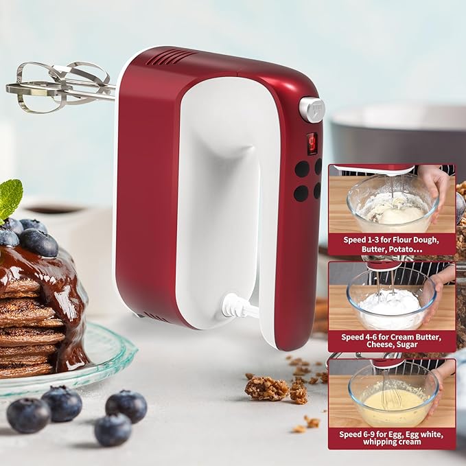 9-Speed Digital Hand Mixer Electric, 400W Powerful DC Motor, Baking Mixer Handheld with Snap-On Storage Case, 5 Stainless Steel Accessories, Flat Beaters, Dough Hooks, Whisk (Red&White)