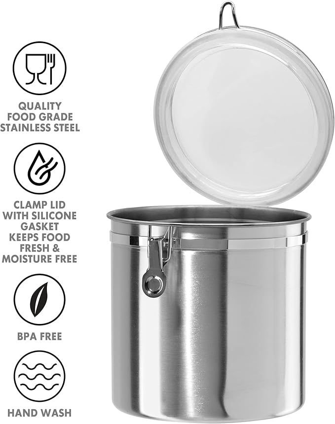 Oggi Stainless Steel Kitchen Canister 152 fl oz - Airtight Clamp Lid, Clear See-Thru Top - Ideal for Kitchen Storage, Food Storage, Pantry Storage. Jumbo Size 8" x 8".
