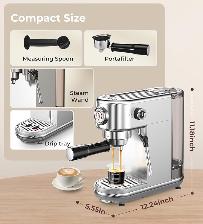 Espresso Machine with Milk Frother, 20 Bar High Pressure Professional Espresso Maker Automatic, Compact Stainless Steel Coffee Machine for Cappuccino, Latte, Gift for Coffee Lover, Dad or Mom, Silver
