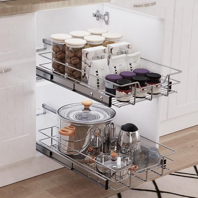 Pull Out Cabinet Organizer 20" W X 17" D, Slide Out Drawers For Kitchen Cabinets, Pull Out Drawers For Cabinets Capacity Heavy Duty Caddy, Cabinet Pull Out Shelves Chrome-Plated, Bathroom Pantry