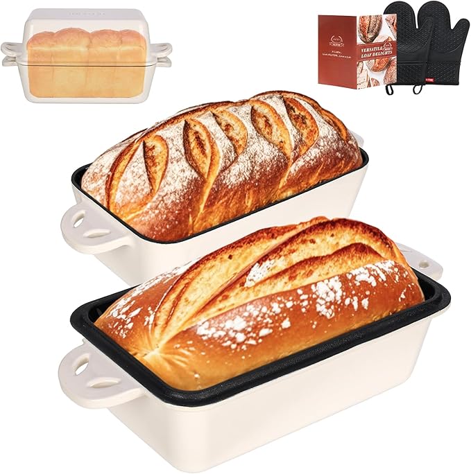 9x5 Enameled Cast Iron Loaf Pan with Lid - 2 in 1 Bread Pan for Baking Homemade Sourdough