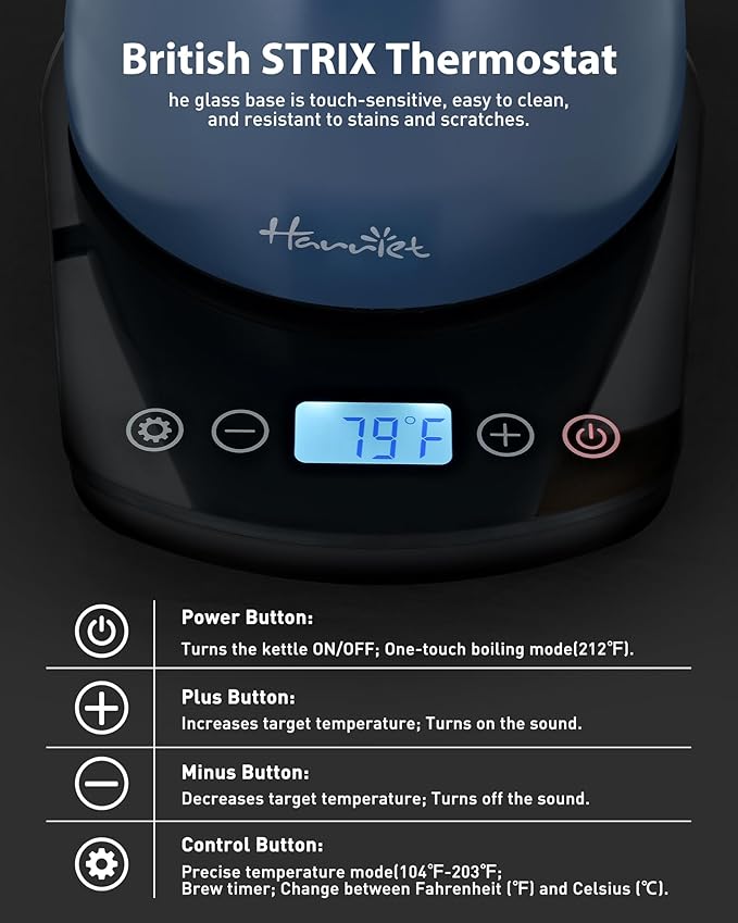 Harriet Gooseneck Electric Kettle - 1200W Fast Heat, 0.8L Stainless Steel, Precision Temp Control & Timer, Wood Handle, Pour Over Coffee and Tea, Blue