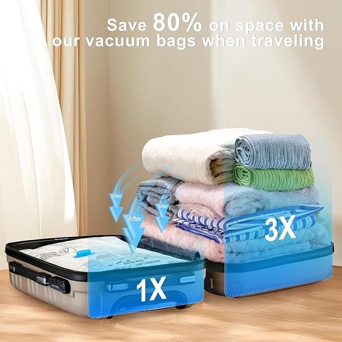 Combo 12 Pack Travel Vacuum Bags with Portable Electric Pump, Space Saver Vacuum Storage Bags for Clothing and Luggage, Travel Essentials