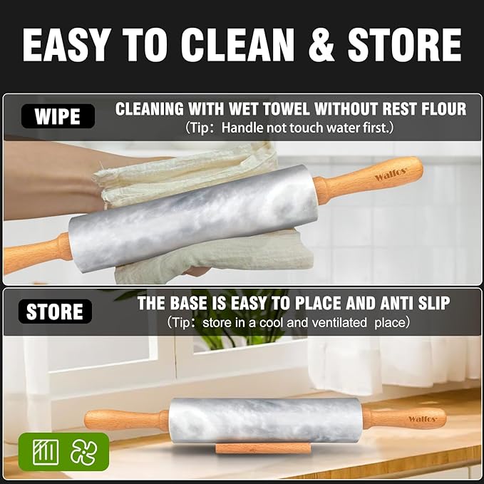 Walfos Marble Rolling Pin Set With Non Stick Silicone Pastry Mat, 16.5 Inch Dough Rolling Pins For Making Pizza, Tortillas And Cookies, Backing Rolling Pin For Pie Crust, Pizza, Pasta (Gray & White)