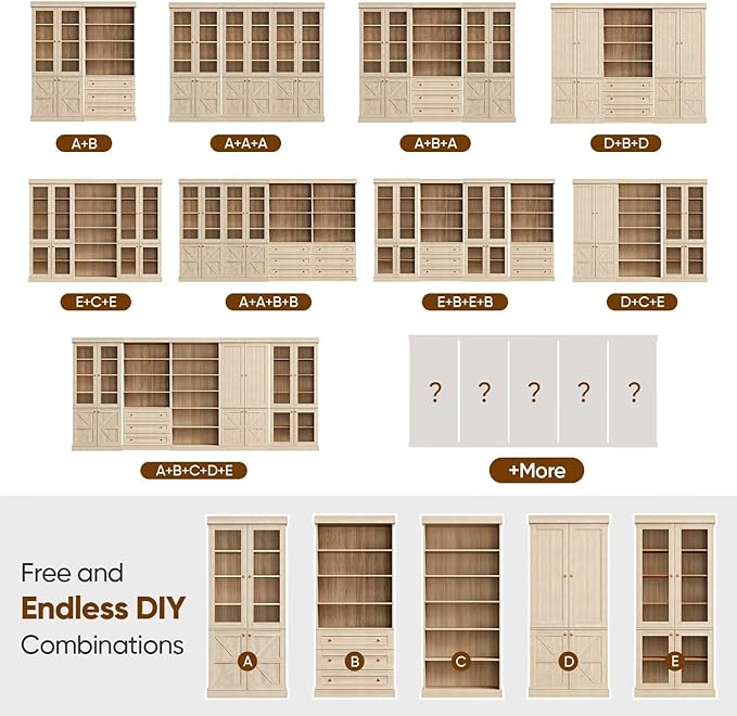 70.8" Tall Brown Bookshelf, Farmhouse Modular Bookcase with 6-Tier Adjustable Shelves, Large Storage Cabinet for Home Office, Living Room, Set of 4