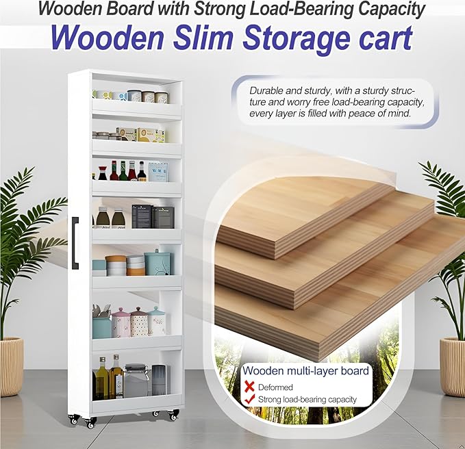 7-Tier Slim Storage Cart, Wooden Rolling Pantry Cabinet with Wheels, Narrow Shelf Organizer for Kitchen, Bakers Rack, Dining Room, Closet, Small Spaces Teak 73.2''H*9.8''W*19.6''D