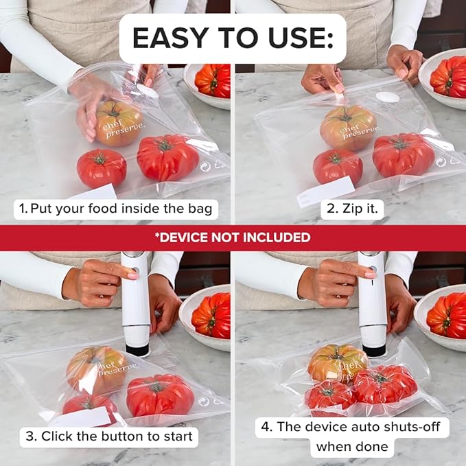 Chef Preserve Reusable Vacuum Sealer Bags for Food – 30 BPA-Free Large (12 x 13 in) Food Storage Bags, Freezer, Microwave – Odor-Resistant, Leak-Proof – Compatible with Chef Preserve Vacuum Sealers