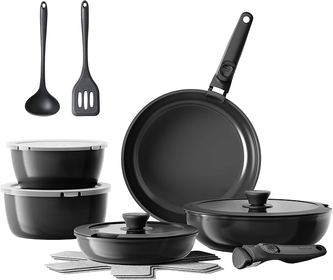 Redchef 16pcs Ceramic Pots and Pans Set Non Stick, Nonstick Kitchen Cookware Set with Detachable Handle, Non Toxic, PFAS PFOA & PTFE Free, RV Cookware Set for Camping, Dishwasher/Oven Safe (Black)