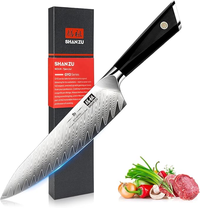 SHAN ZU Damascus Chef Knife 8 inch, 67-Layer High Carbon Steel Kitchen Knife Ultra Sharp Japanese Chef Knives, Professional Kitchen Utility Knives with G10 Ergonomic Handle/Gift Box