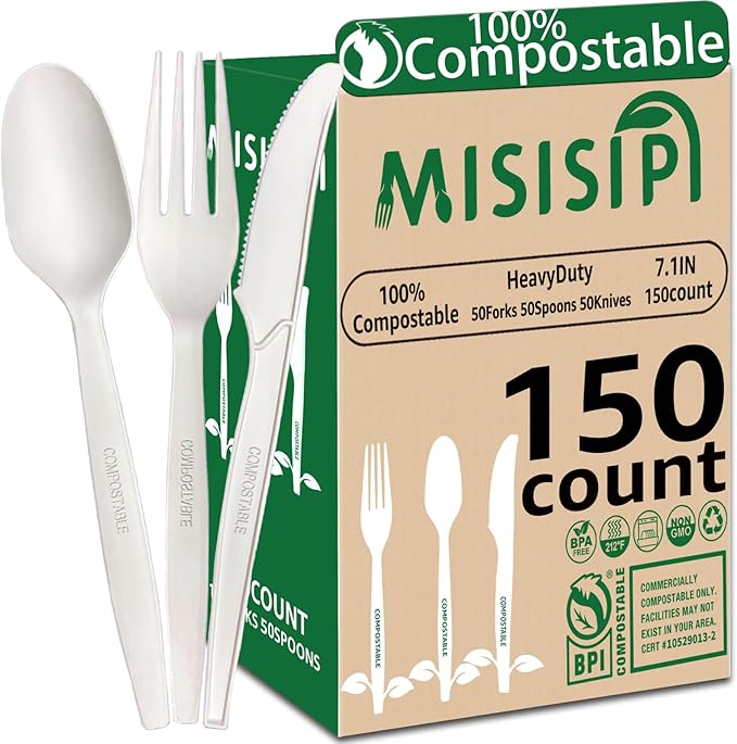 MISISIPI 150-Count Compostable Utensils Set - Heavy Duty BPI Certified, Plastic-Free Disposable Forks, Spoons, Knives for BBQ, Camping, Events, Plant-Based Cutlery
