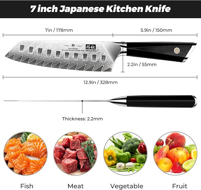 SHAN ZU Damascus Chef Knife Santoku Knife 7 Inch Professional Multifunction Kitchen Knives, 67 Layers Damascus Stainless Steel 10Cr15CoMoV Super Sharp Cooking Knife with G10 Handle/Gift Box