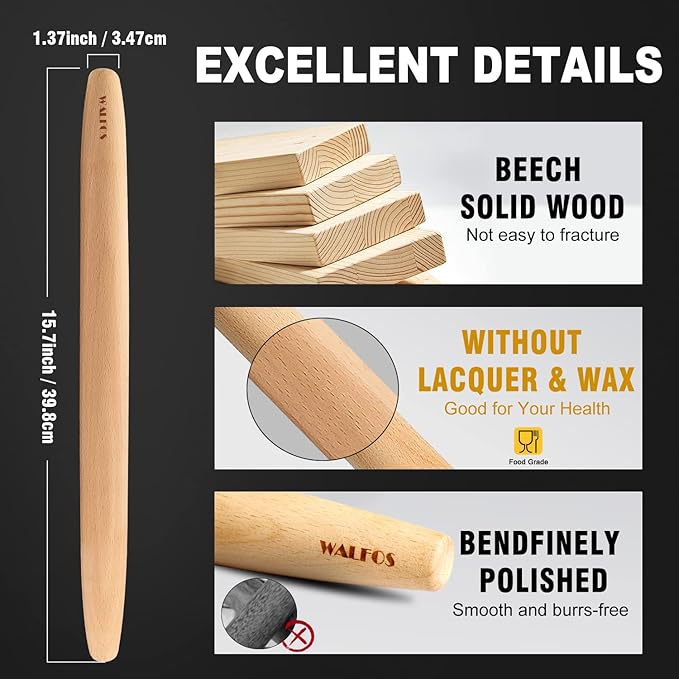 WALFOS French Rolling Pin for Baking, Tapered Design Natural Beech Wood Rolling Pins, Essential Kitchen Dough Roller for Fondant, Pizza, Pie, Cookie and Pastry