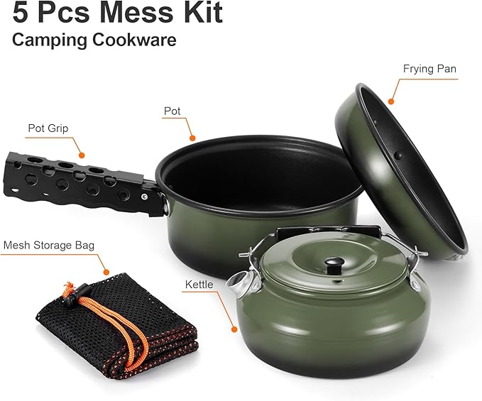 Odoland 5pcs Camping Cookware Non-Stick Camping Pot and Pan Set with Kettle and Removable Handle for Hiking Backpacking and Picnic