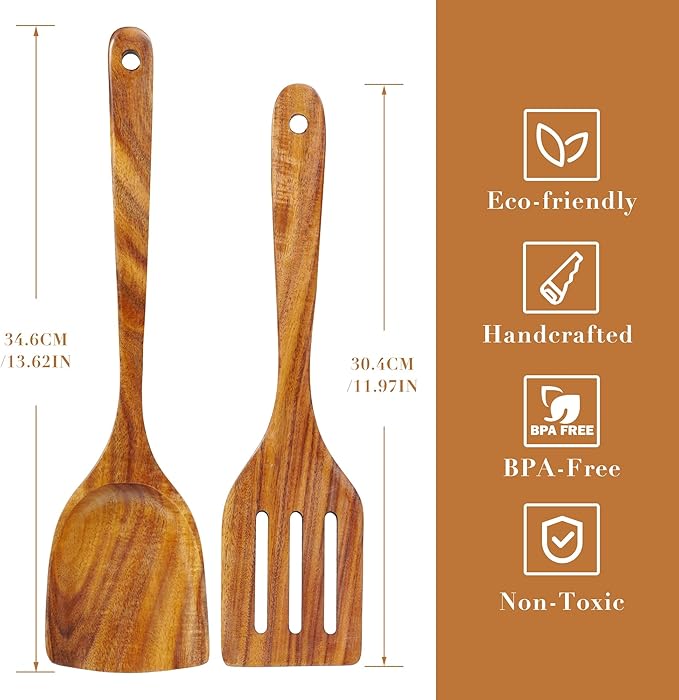 FJNATINH 2 Pcs Wooden Spatula Set for Cooking, Natural Teak Spatula and Slotted Turner for Non-stick Cookware, Kitchen Cooking Utensils for Frying Flipping Pancake Spatula