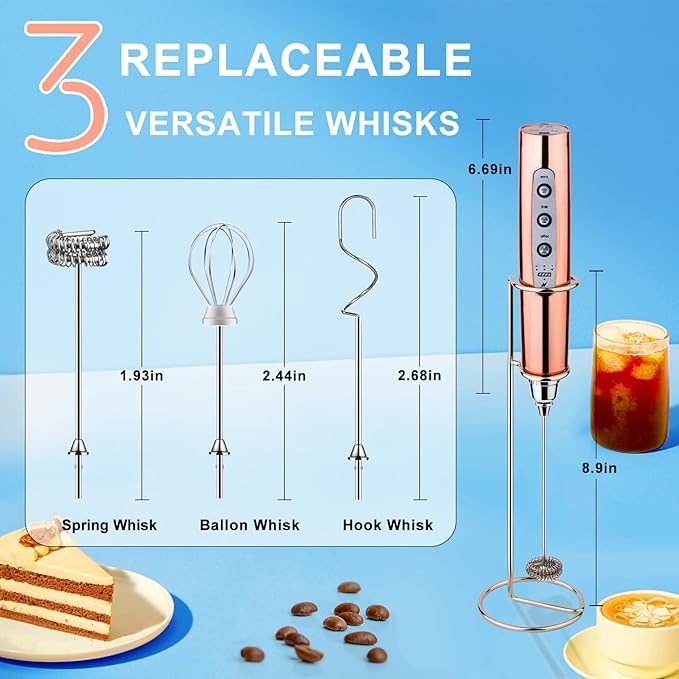 YUSWKO Rose Gold Handheld Milk Frother Wand with Stand for Coffee, Rechargeable Electric Whisk with 3 Heads 3 Speeds Drink Mixer Coffee Frother For Latte, Cappuccino, Hot Chocolate, Egg