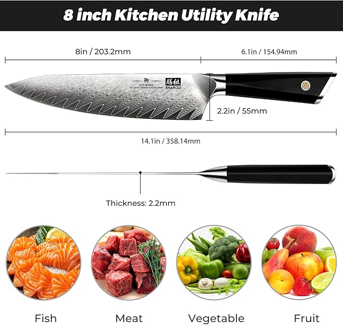 SHAN ZU Damascus Chef Knife 8 inch, 67-Layer High Carbon Steel Kitchen Knife Ultra Sharp Japanese Chef Knives, Professional Kitchen Utility Knives with G10 Ergonomic Handle/Gift Box