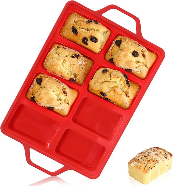 Mini Loaf Pan Silicone, Metal Reinforced Silicone Mini Bread Loaf Pan Nonstick Cornbread Pan 8 Cavities Small Loaf Pans for Baking Bread, Loaf, Meatloaf, Brownie, Butter 1Pack Red