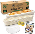 15 Inch Baguette Proofing Basket Set of 2 with Cotton Liners & Baguette Recipe eBook- Handcrafted Natural Rattan Banneton Bread Proofing Baskets for Sourdough- French Bread & Dough Rising