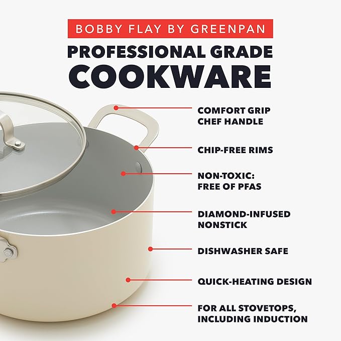 GreenPan x Bobby Flay 6QT Stockpot with Glass Lid, PFAS-Free Diamond Ceramic Nonstick Pot, Induction Suitable, Easy Clean Dishwasher & Oven Safe, Quick Heating, Pasta, Soups, Cream
