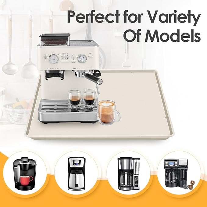 Silicone Coffee Maker Mat with Lip, 19.7'' x 15'' Heavy Duty Coffee Maker Mat for Countertops, Coffee Tray Fit Under Coffee Machine Appliance Automatic Machines Espresso Accessory, Cream White