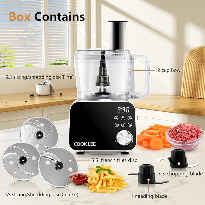 COOKLEE Food Processor, 600 Watts, 6 Functions Electric Food Chopper for Chopping, Mincing, Dicing, Shredding, Slicing, Purees & Dough with 12cup Processor Bowl, Food Chute & Pusher, Silver