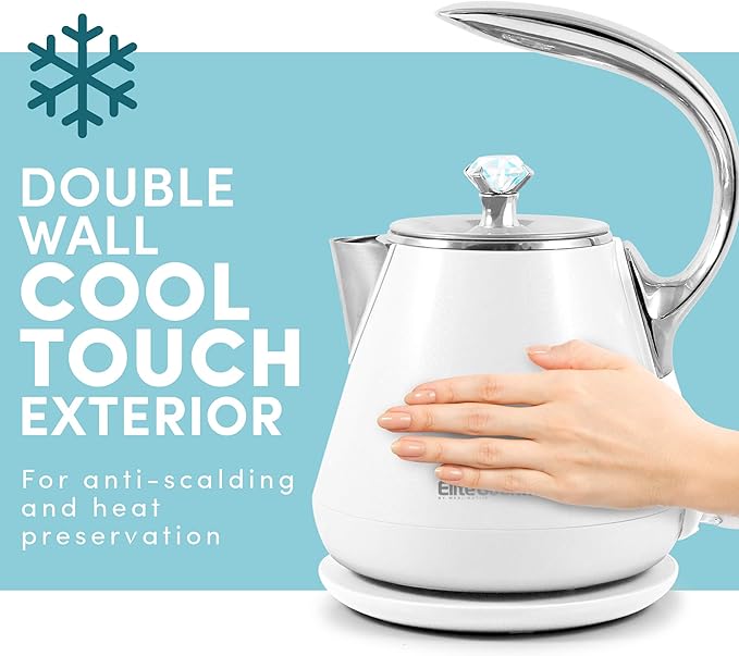 Elite Gourmet EKT-1203W 1350W Double Wall Insulated Cool Touch Electric Water Tea Kettle, BPA Free Stainless Steel Interior and Auto Shut-Off