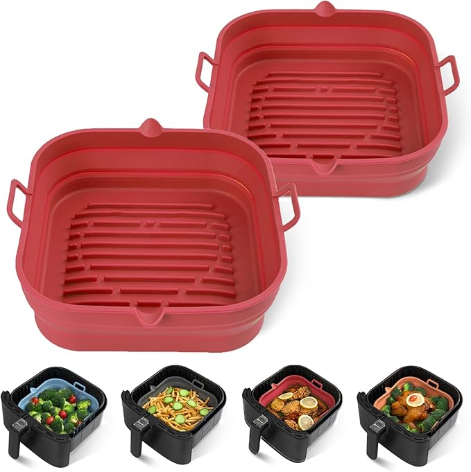 [2 Pack] Silicone Air Fryer Liners Square - Reusable Airfryer Silicone Basket - Easy to Clean Air Fryers Silicone Pot for 5.8 to 8 Qt Large Air Fryer Baking Tray Oven Accessories, 8.5 Inch