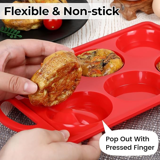 Silicone Egg Molds, 3 Inch Muffin Top Pans Non Stick with Metal Framed, Baking Pan for Breakfast Sandwiches, English Muffins, Whoopie Pies, Corn Bread, Egg Bites, Hamburger Bun, Tarts 2 Pack Red