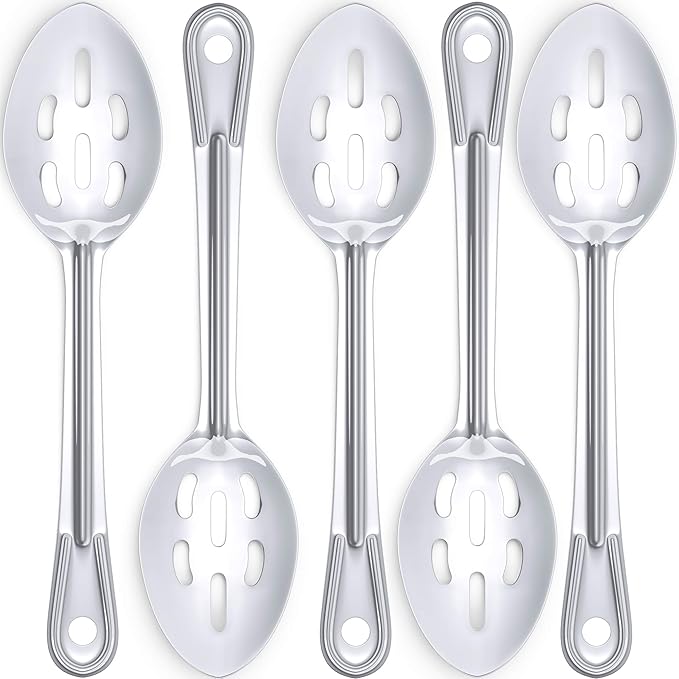 Super Strong, Ergonomic 11 in Serving Spoon 5 Pk. Big, Slotted Stainless Steel Spoons for Cooking, Baking and Basting. Best Kitchen Flatware for Buffet and Banquet Service in Restaurants and Homes