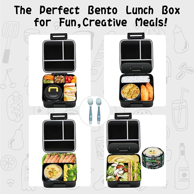 Bento Lunch Box for Kids With 8oz Soup thermo,Leak-proof Lunch Containers with 5 Compartment,thermo Food Jar and Lunch Bag, Food Containers for School (A-Black(Dinosaur Fossil))