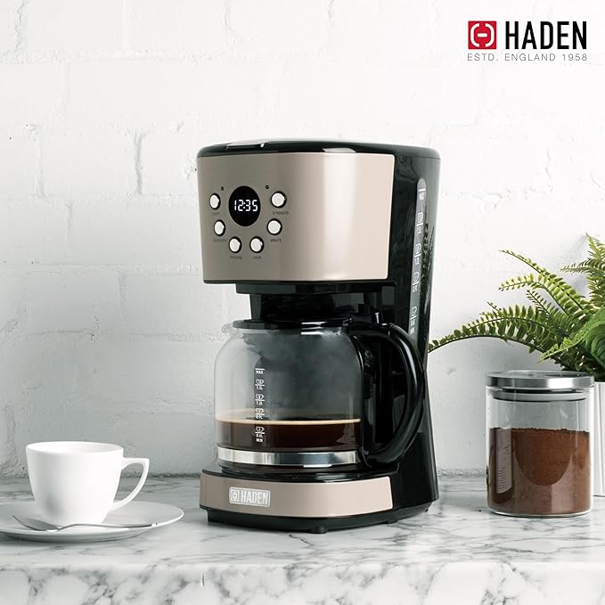 Haden 12 Cup Programmable Drip Coffee Maker Coffee Machine Bundled with Dorset 4 Slice Wide Slot Stainless Steel Toaster, Putty & Chrome