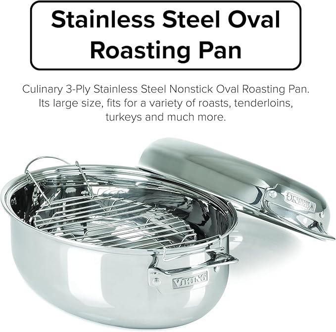 Viking 3-Ply Oval Roasting Pan, 8.5 Quart, Stainless Steel Kitchen Cookware with Metal Induction Lid and Rack, Great for Turkey, Dishwasher and Oven Safe, Silver