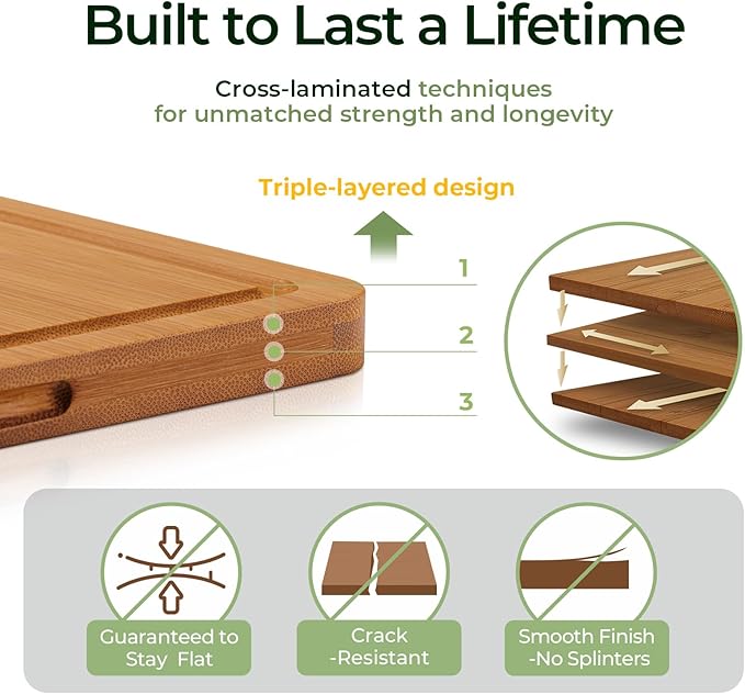 Bamboo Cutting Board, Durable Wood Cutting Boards for Kitchen with Deep Juice Grooves & Built-in Handles, Ideal Charcuterie & Chopping for Meat, Vegetables and Fruits Ideal Kitchen Gifts