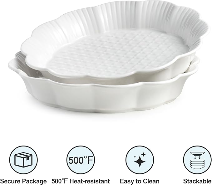 Pie Pan for Baking 9 Inch, Ceramic Pie Dish, Non-Stick Round Baking Dish, Porcelain Plates with Ruffled Edge| Microwave, Dishwasher, and Oven Safe (2PCS)