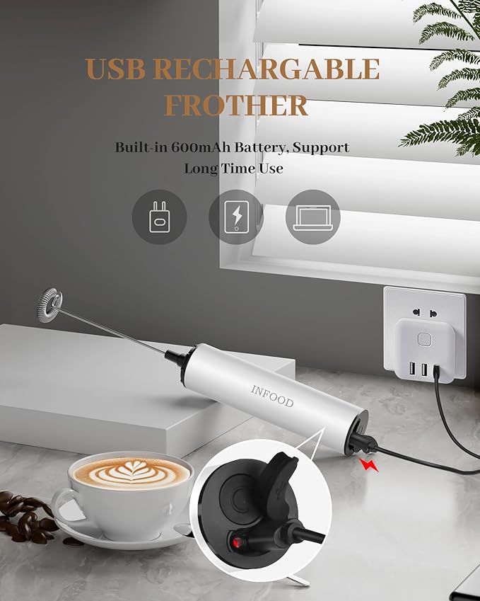 Milk Frother Rechargeable with Cover - Coffee Frother Wand, Drink Mixer Handheld with 2 Detachable Stainless Whisks 2 Speed Adjustable for Latte, Cappuccino, Hot Chocolate, Egg, White