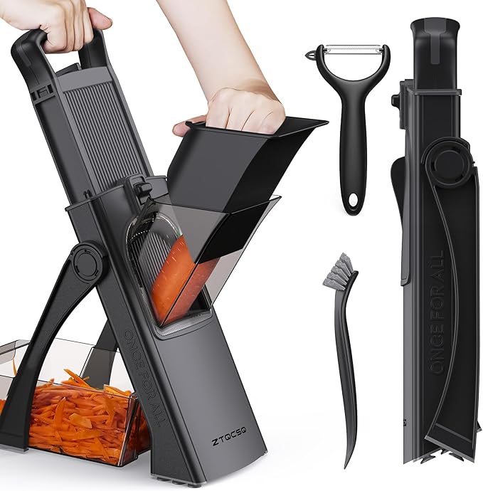 2025 [All in 1] Upgraded Version Safe Mandoline Slicer for Kitchen, Adjustable Thickness. Veggie Slicer, Rapid Prep Mandoline, Detachable Blade, Cleaning Brush/Paring Knife (Black Knight)