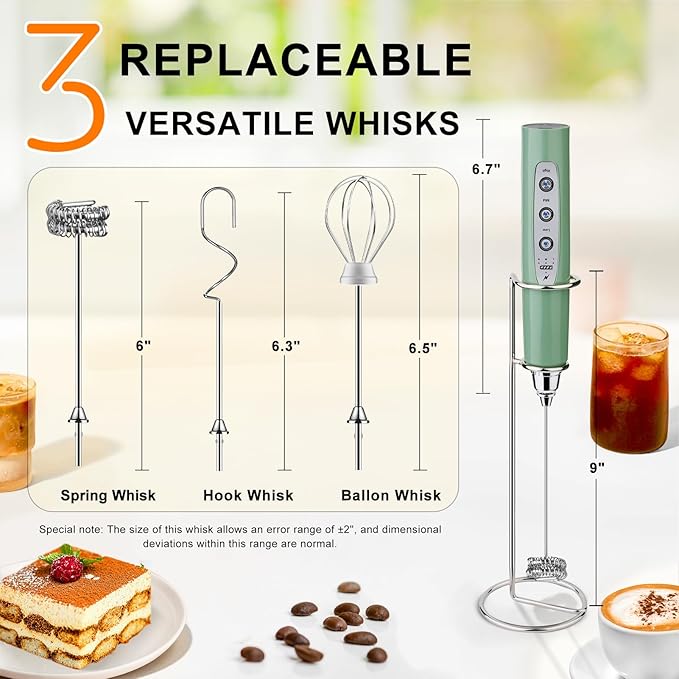 YUSWKO Granite Rechargeable Milk Frother for Coffee with Stand, Handheld Drink Mixer with 3 Heads 3 Speeds Electric Stirrers for Latte, Cappuccino, Hot Chocolate, Egg
