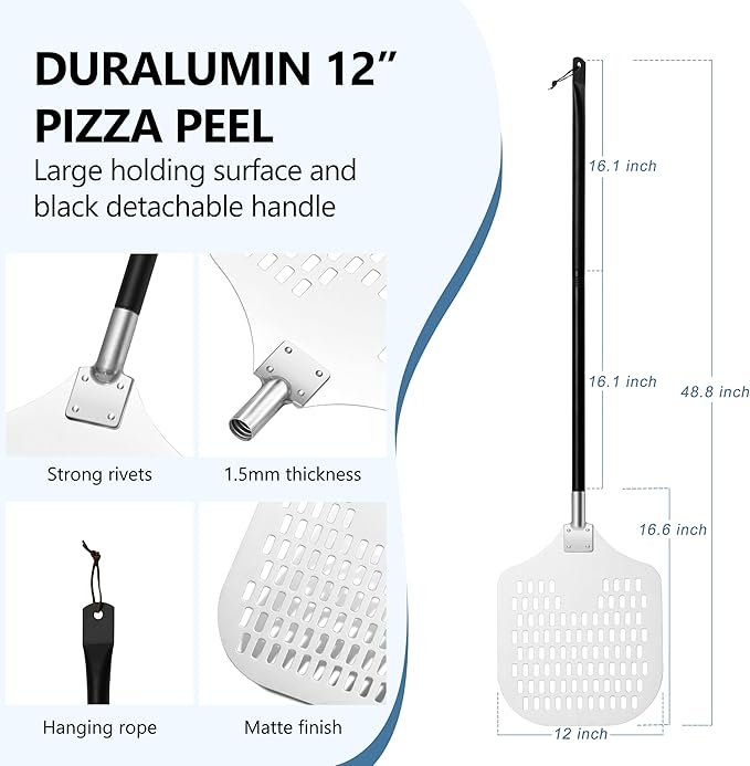 Aluminum Pizza Peel Spatula Set, HaSteeL 12 Inch Pizza Paddle Shovel, 14 Inch Metal Pizza Cutter Rocker, Pizza Oven Accessories Tools for Cooking Baking Turning Cutting, Detachable Handle, Perforated