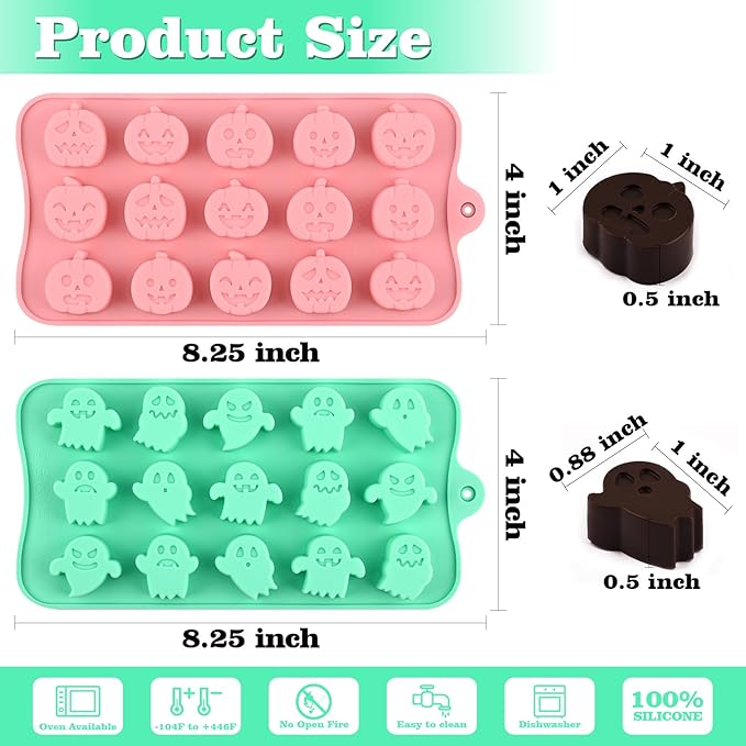 Actvty Halloween Candy Mold Silicone Chocolate Molds, 4 Packs Pumpkin Molds and Ghost Molds for Making Chocolate, Jelly, Gummy, Snack, Wax Melt, Ice Cubes, Cake Decor